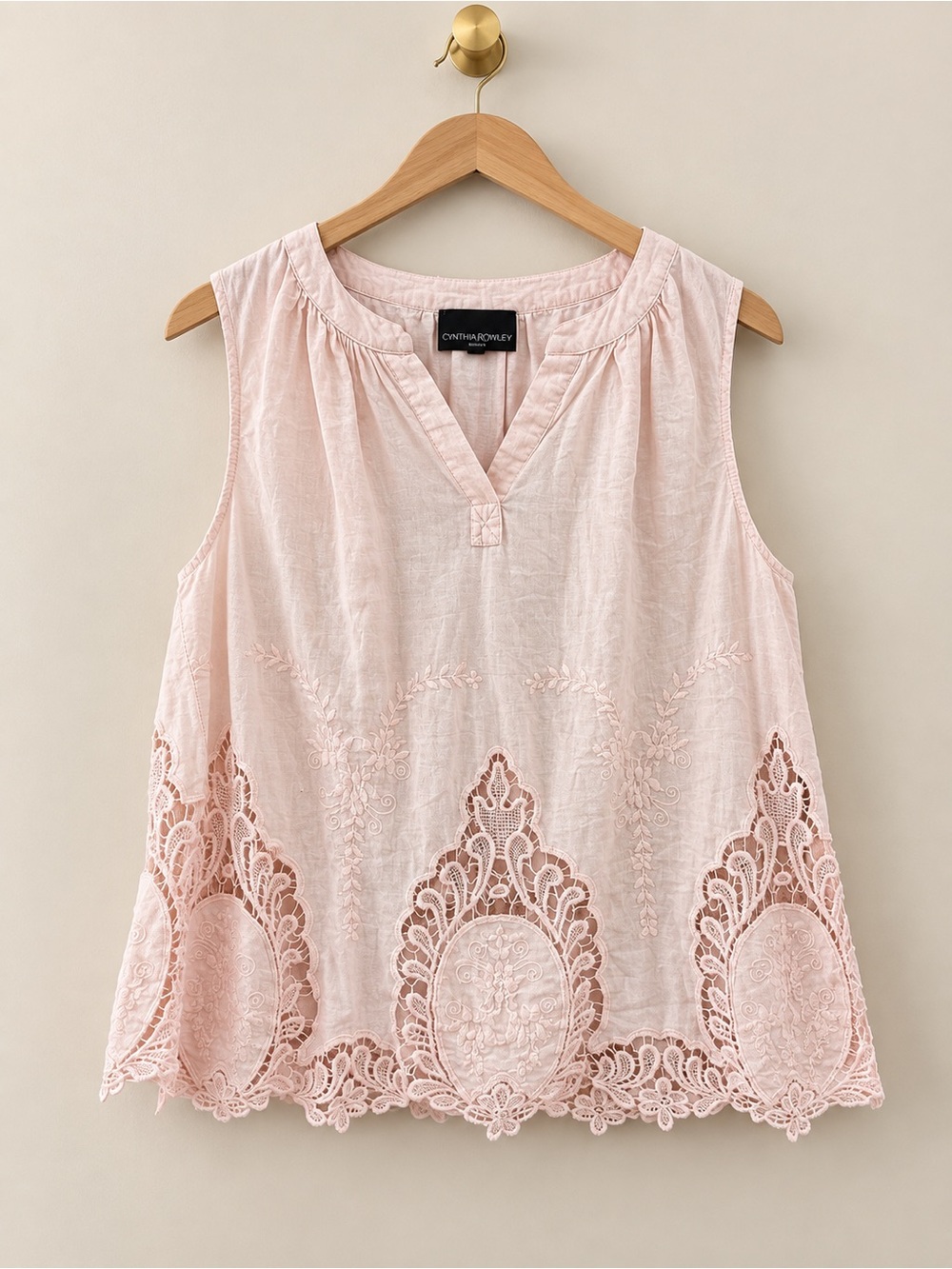 Cynthia Rowley 1X Blush Pink Linen Blend Embroidered Lace Sleeveless Top